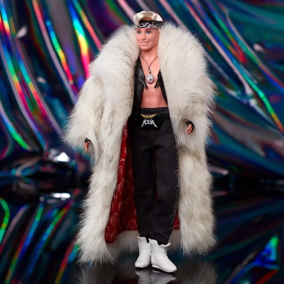 Barbie the movie Ken doll in faux fur coat and black fringe vest NEW in box